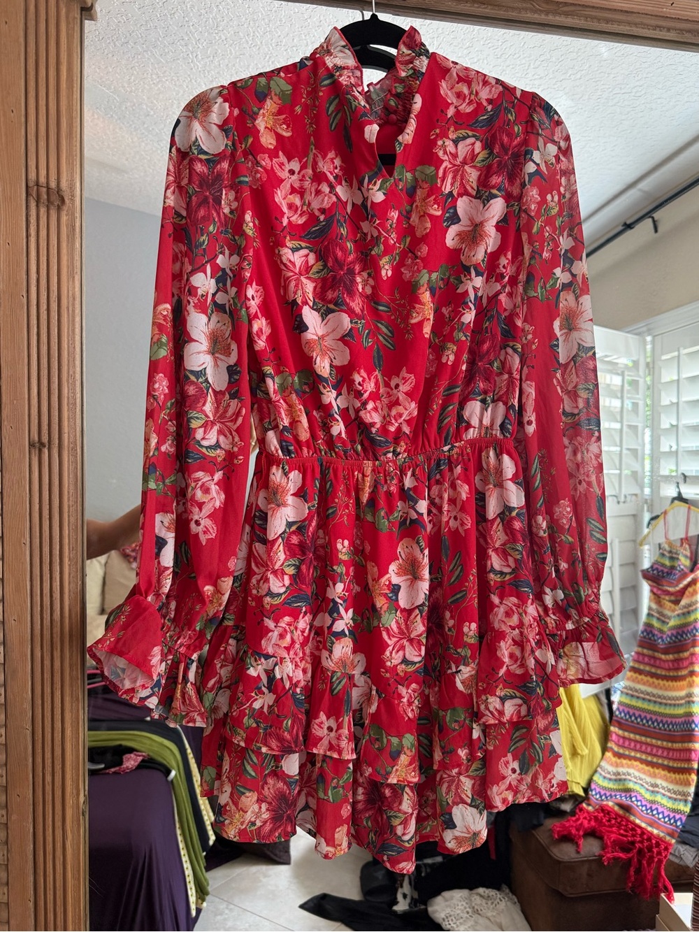 Red Floral Ruffle Long-Sleeve Mini Dress